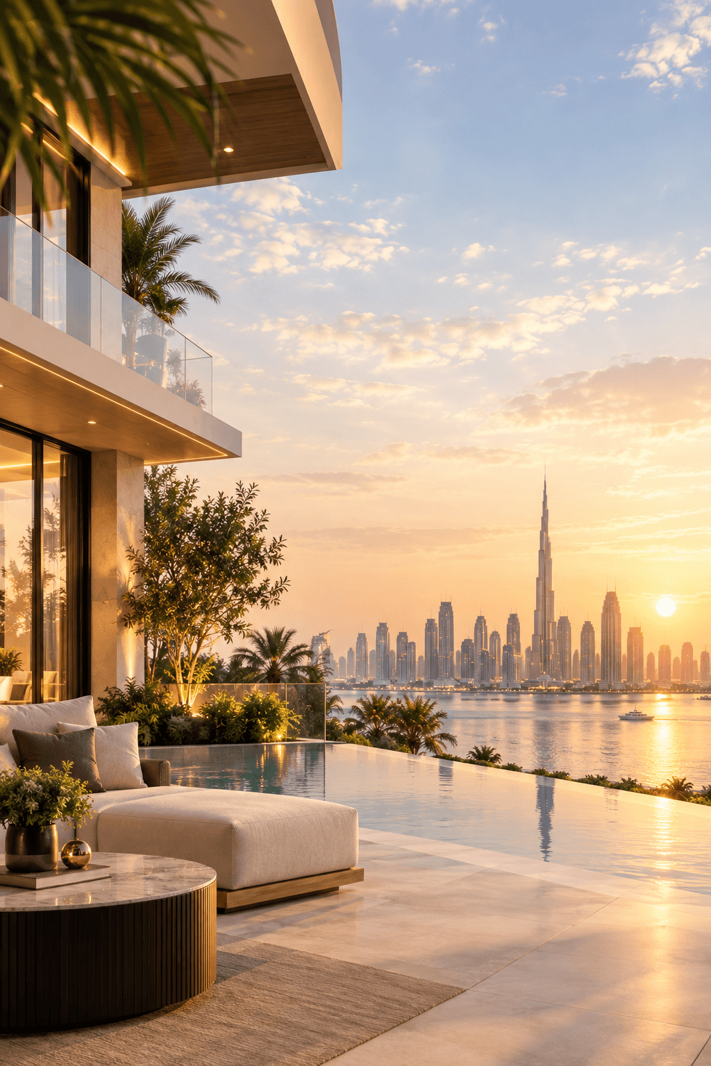 Terrace of a residence overlooking the Dubai skyline at sunset